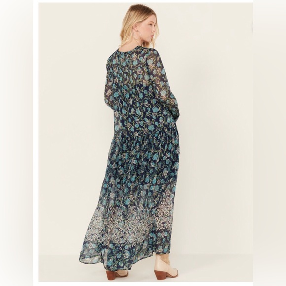 Free People Blue See It Through Floral Long Sleeve Maxi Dress size XS new - Picture 3 of 6
